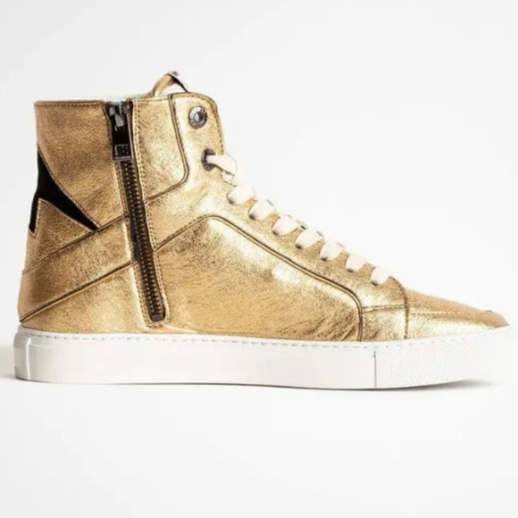 NIB ZADIG&VOLTAIRE Zv1747 High Flash Metal Sneakers 38 Gold Lightning Bolt 7 - Picture 2 of 10